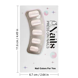 Détail d'ongles cat eye nacrés en emballage blanc avec dimensions précises