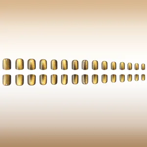 Short square cat-eye press-on nails set with golden brown magnetic glitter finish