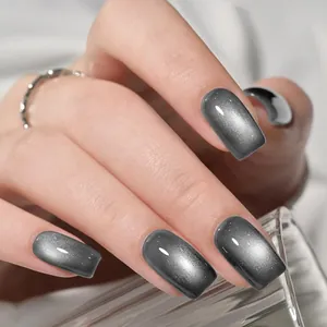 30Pcs Grey Cat Eye Press On Nails Short Squoval Shimmer Magnetic Reusable False Nails For Women Daily Party Manicure Decoration