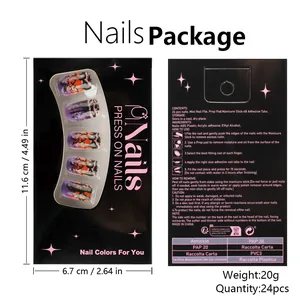 Detail view of Halloween press on nails packaging with 24 purple abstract forest design tips
