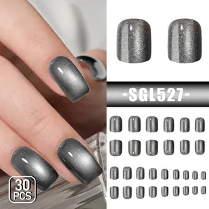 Short square grey cat eye press-on nails set with 30 pieces of sparkling fake nails