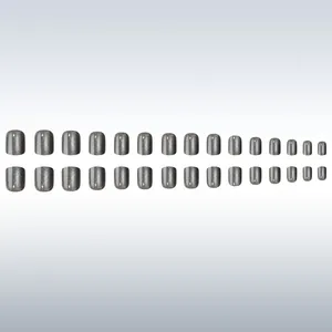 Short square grey cat-eye press-on nails with silver glitter finish for women