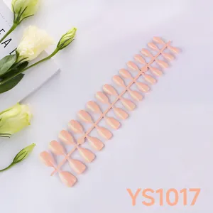 Glossy nude almond press-on nails with 24 pieces in various sizes for a natural look