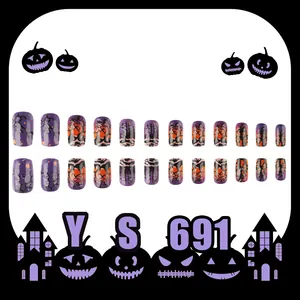 Halloween purple forest press-on nails with 3D embossed pumpkin and ghost motifs