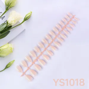 Detail of light pink almond press-on nails set with 24 pieces on a decorative floral background