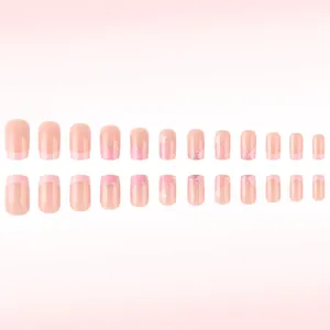 Short square press-on nails with pink floral patterns and glitter finish, 24pcs set