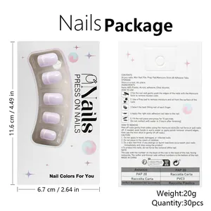 Détail de l'emballage de faux ongles œil de chat violet clair avec manuel en anglais