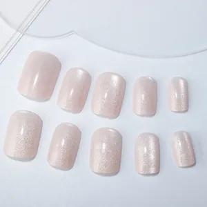 Lot de 10 faux ongles courts carrés effet œil de chat rose doux avec finition scintillante