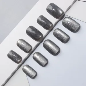 Short square grey cat eye press-on nails with shiny silver glitter effect and magnetic finish