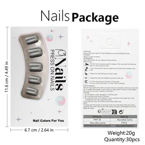Detailed view of grey cat-eye glitter press-on nails set with packaging dimensions