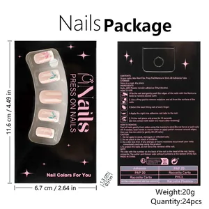Vue détaillée de l'emballage avant et arrière des faux ongles papillon avec instructions