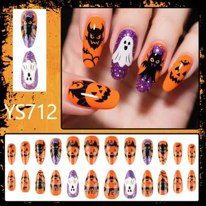 Faux ongles Halloween avec motifs fantômes et citrouilles, 24 pièces noires de forme amande