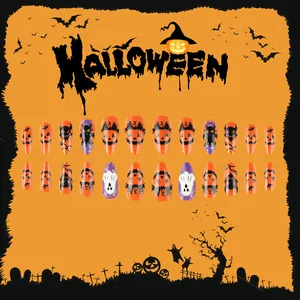 Faux ongles Halloween avec 24 pièces de motifs de fantômes et citrouilles pointus