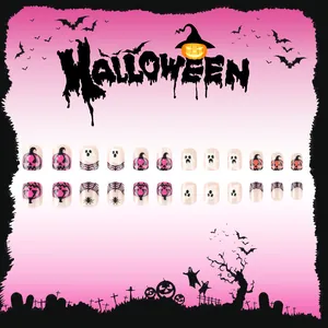 24pcs Halloween press-on nails with pink pumpkins, ghosts, and spider web patterns