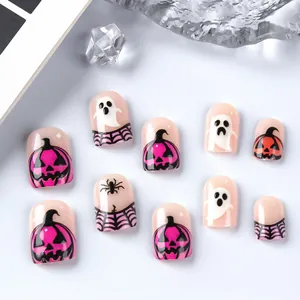 Short square Halloween press-on nails featuring pink pumpkins, spiders and ghost motifs