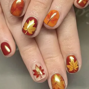 Uñas Postizas a Presión Cuadradas Cortas Rojas Hoja de Membrillo Estampado en Caliente Brillantes Otoño Invierno Joyería Mujer