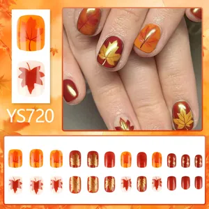 Uñas postizas brillantes rojas con hojas de membrillo y pan de oro, set de 24