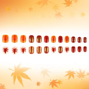 Pack de 24 uñas postizas cortas cuadradas con hojas de membrillo rojas y detalles dorados