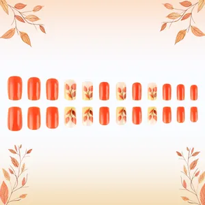 24pcs autumn maple leaf pattern press-on nails in orange and cream square oval shape