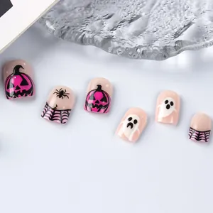 Short square Halloween press-on nails featuring pink pumpkins, ghosts, and spider webs