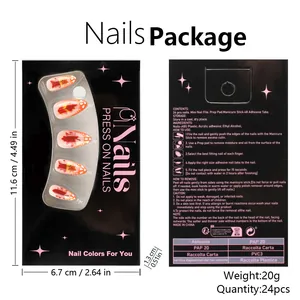 Detail view of almond press-on nail kit with maple leaf designs and 24 pieces in warm orange
