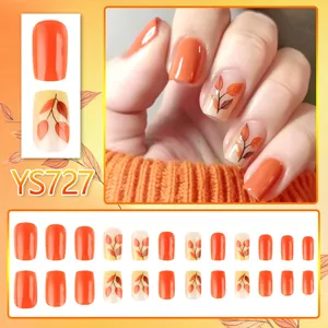 Press-on nails with autumn maple leaf designs and solid orange colors, 24 pieces set