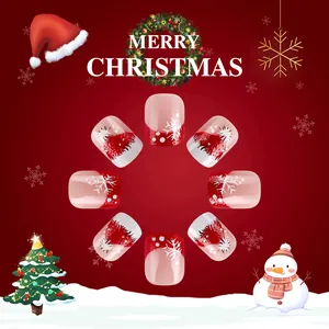 Short square Christmas press-on nails featuring Santa patterns and red glitter sparkles