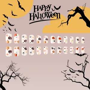 Halloween press-on nails with cute pumpkin spider web and ghost patterns set of 24