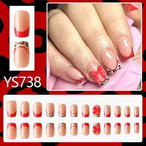 Square red French press-on nails with leopard print and 3D bow decoration