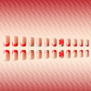 Red French square press-on nails with leopard print and 3D bow accents, 24-piece set