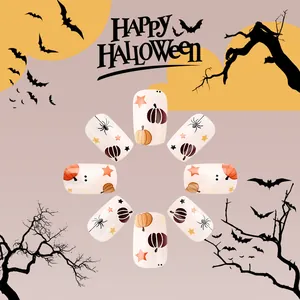 Halloween press-on nails featuring cute pumpkin, spider, and ghost patterns in a 24pcs set