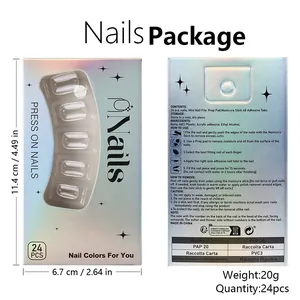 Detailed view of 24pcs clear press-on nail kit box with tool set and dimensions