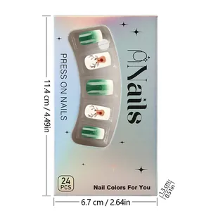 Medium square press-on nails set with green glitter and cute Christmas reindeer design