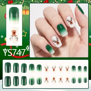 Christmas press-on nails with green gradient and reindeer design in 24 pieces set