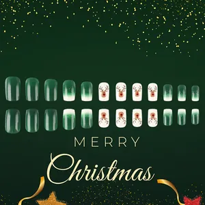 Green Christmas press-on nails set with 24 pieces featuring reindeer design and star motifs