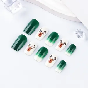 Christmas square fake nails with green elk and gradient glitter designs, 24pcs set