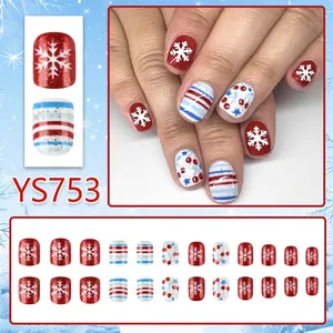 Uñas postizas cortas brillantes rojas y azules con copos de nieve de Navidad y purpurina