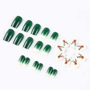 Christmas press-on nails with green elk design and sparkling glitter in square shape