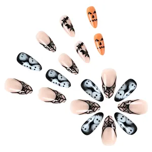 96-piece Halloween stiletto press-on nails with ghost, spider web, and pumpkin designs