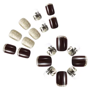 Halloween short square press-on nails with golden glitter pumpkin and French tips