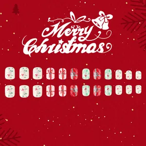 Christmas short square press-on nails set with red green bow designs and holly patterns