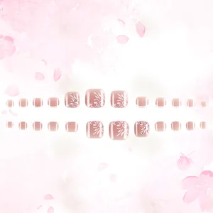 French floral toe nail set in soft pink with rhinestones and 24-piece press-on kit