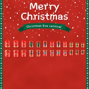 Short square red Christmas press-on nails with gold glitter, stars, and tree patterns
