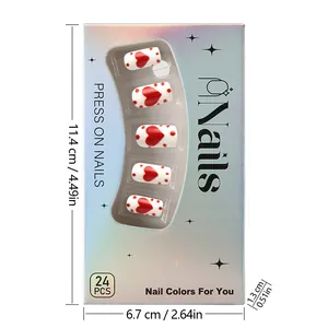 Detail of red heart press-on nails set with size dimensions and iridescent packaging