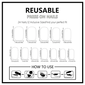 Size chart showing 12 different dimensions and usage guide for Halloween press-on nails