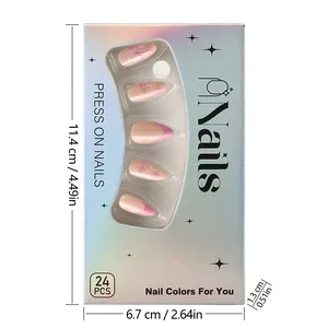 Pink French almond press-on nails with snowflakes in a professional box package