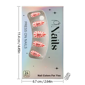 Detail view of 24pcs press-on nails set with red heart designs in holographic packaging