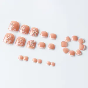French floral press-on toenails with colorful rhinestones on nude pink base, 24pcs set
