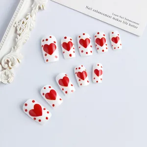 Glossy white square press-on nails with red heart and polka dot design 24pcs set