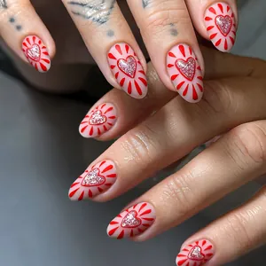 Red Heart Press On Nails Long Almond Water Drop Radiant Lines Silver Glitter Artificial Nails For Women Valentine Manicure